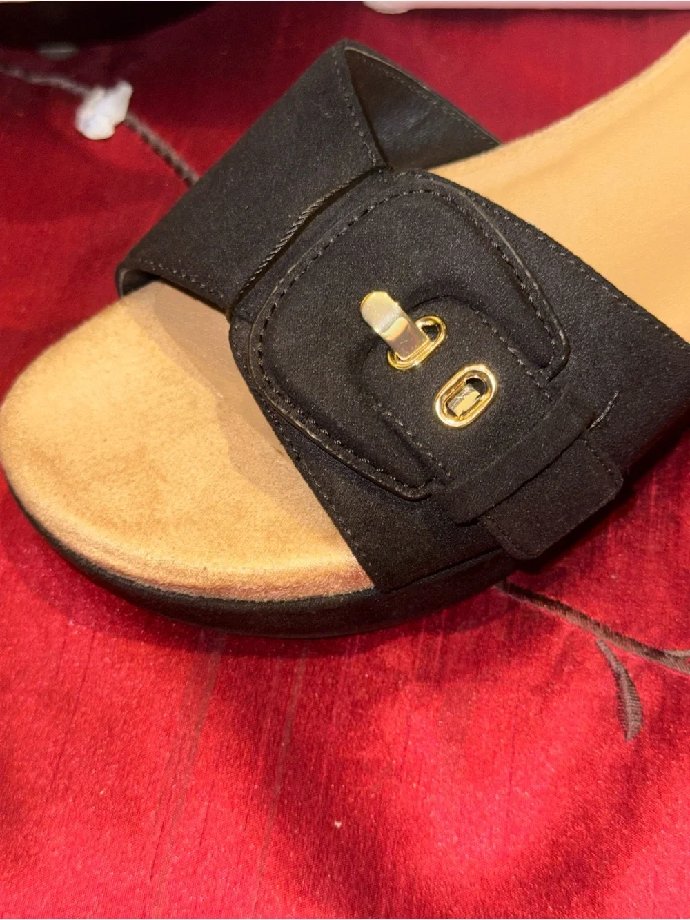 Giani Bernini black suede platform slide sandals with a cushioned tan insole